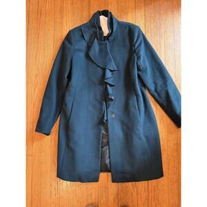 DKNY Coat Womens 12 Green Wool Blend Ruffle Front Snap Button Long Jacket